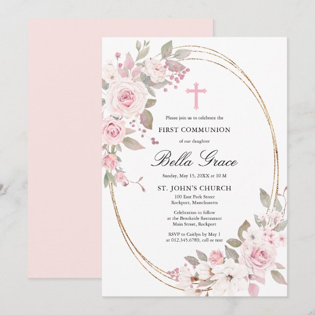 Rustikal Rosa Rose Floral First Heilige Kommune In Einladung (Vorne/Hinten)