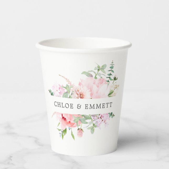 Rustikal rosa Rose Personalisierte Hochzeitspapier Pappbecher (Vorderseite)