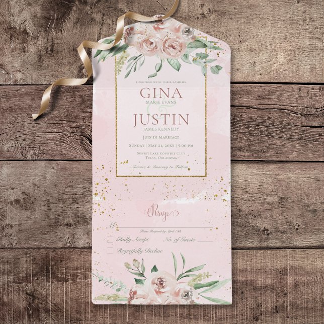 Rustikal rosa Rosen Gold Akzente Kein Abendessen All In One Einladung (Rustic Blush Pink Roses Gold Accents All In One Wedding Invitation without Dinner Options)