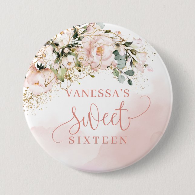 Rustikal Rosa Rosengrün Gold 16. b-Tag Button (Vorderseite)