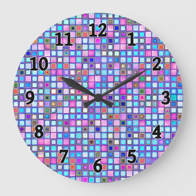 Rustikal rosa und blaues Mosaikfliesen Große Wanduhr (Vorderseite)