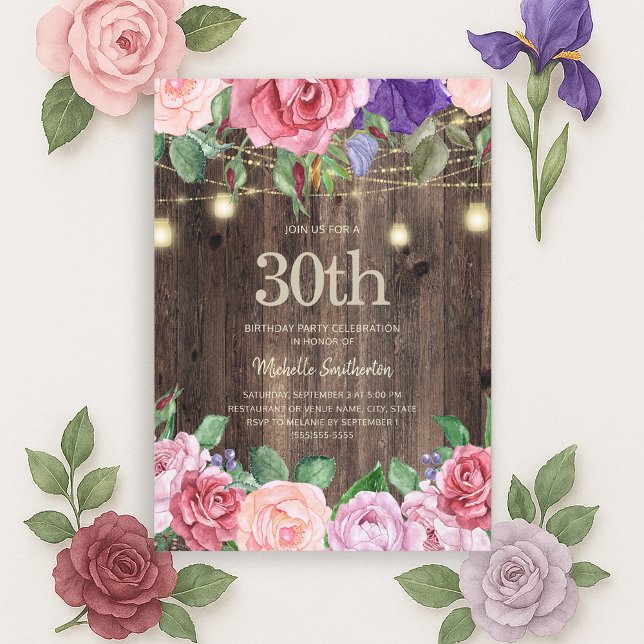 Rustikal rosa violette Blumen String Lights 30. Einladung (Pink and purple watercolor floral and string lights on rustic wood 30th birthday party invitation)
