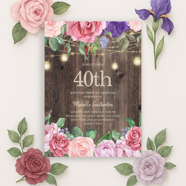 Rustikal rosa violette Blüten Streichleuchten 40. Einladung (Pink and purple watercolor floral and string lights on rustic wood 40th birthday invitation)