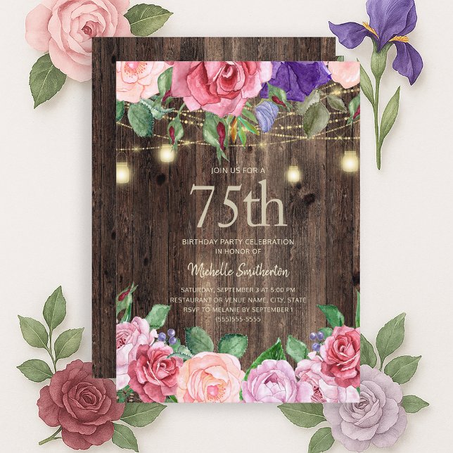 Rustikal rosa violette Blüten Streichleuchten 75. Einladung (Pink and purple watercolor floral and string lights on rustic wood 75th birthday invitation)