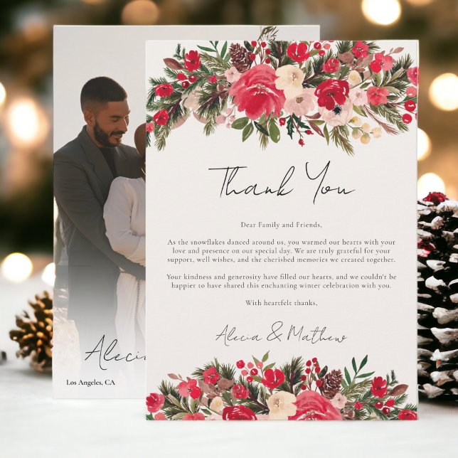 Rustikal-Rot-Grün-Blütenfest Dankeskarte (Rustic Red green Floral Winter Wedding Thank You Card)