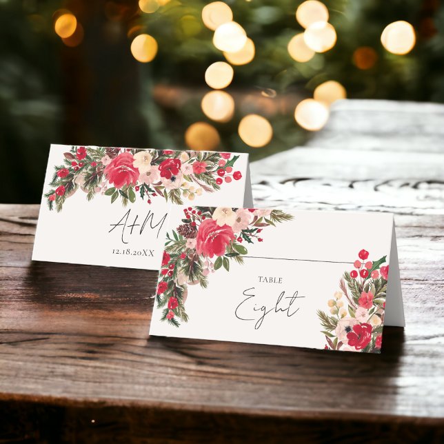 Rustikal-Rot-Grün-Blütenfest Platzkarte (Rustic Red green Floral Winter Wedding Place Card)