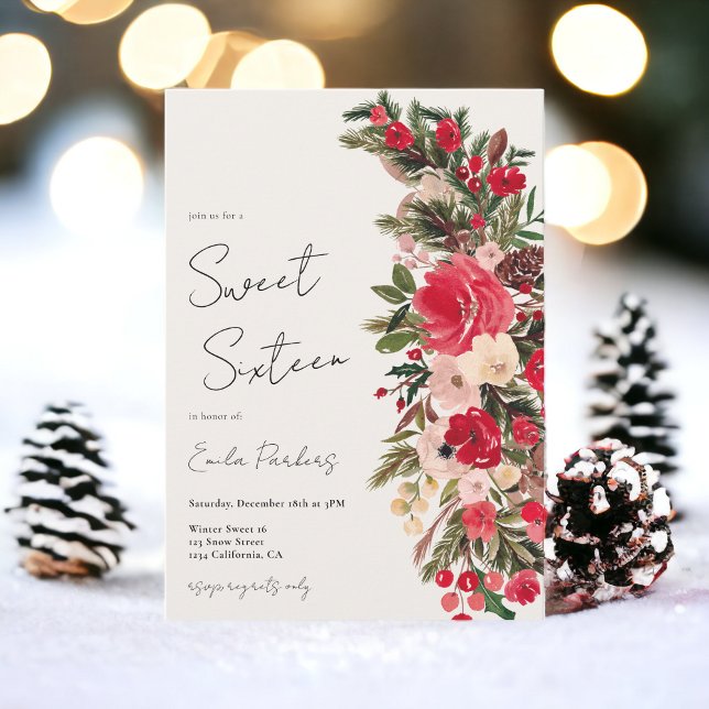 Rustikal Rot Grün Blütenwüst Süß 16 Einladung (Rustic Red green Floral Winter Sweet 16 Invitation)