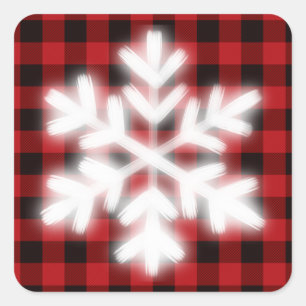 Rustikal rot und schwarz kariert, Winterschneefloc Quadratischer Aufkleber