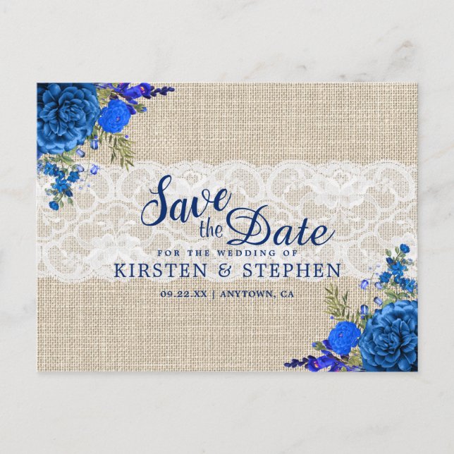 Rustikal Royal Blue Floral Burlap Save the Date Ankündigungspostkarte (Vorderseite)