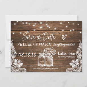 rustikal Save the Date   Mason Jars, Lace & Lights Einladung