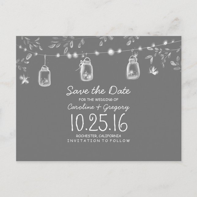 rustikal Save the Date mit Glühwürmchen Ankündigungspostkarte (Vorderseite)