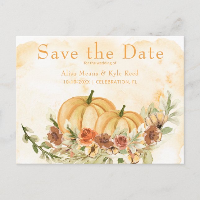 Rustikal Save the Date Pumpkin Wedding an Ankündigungspostkarte (Vorderseite)