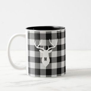 Rustikal Schwarz-weiß Buffalo Karo Deer Mit Monogr Zweifarbige Tasse