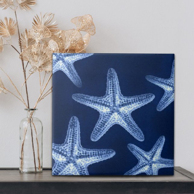 Rustikal-Seesternisch an der Küste Fliese (coastal chic beach rustic nautical blue starfish tile)