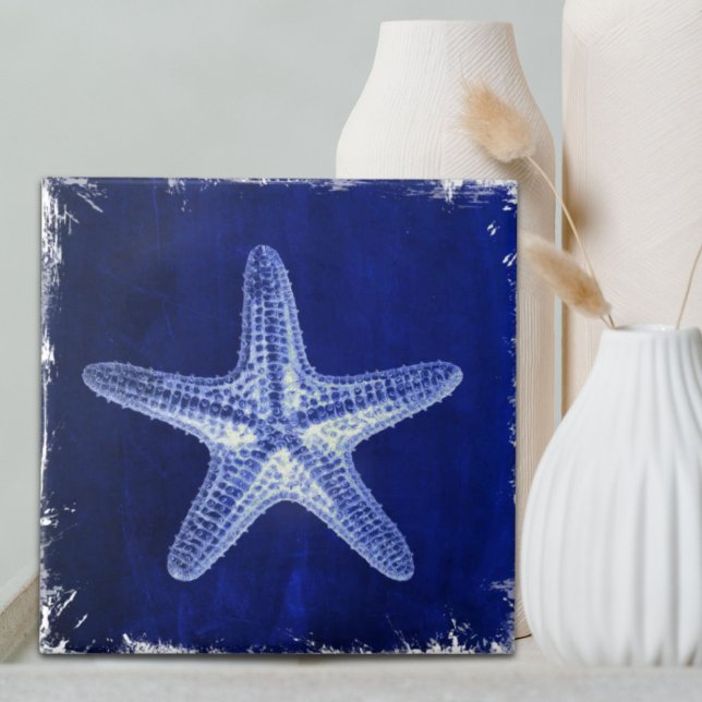 Rustikal-Seesternisch an der Küste Fliese (coastal chic beach rustic nautical blue starfish tile)