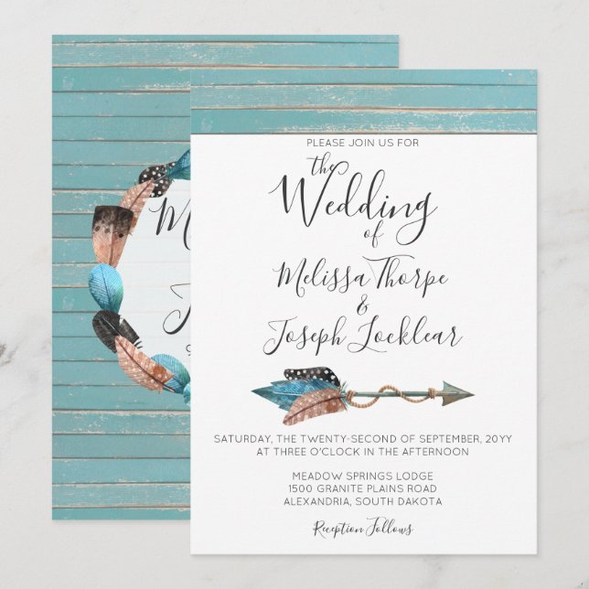 Rustikal türkisfarbene Holzfedern Hochzeitsfeiern Einladung (Vorne/Hinten)
