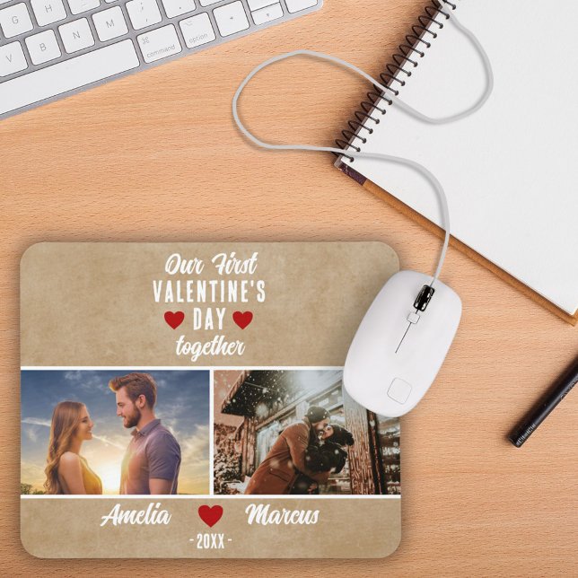 Rustikal Unser erster Valentinstag zusammen 2 Foto Mousepad (Von Creator hochgeladen)