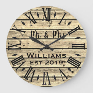 Rustikal Vintage Personalisiertes braunes Holz ind Große Wanduhr