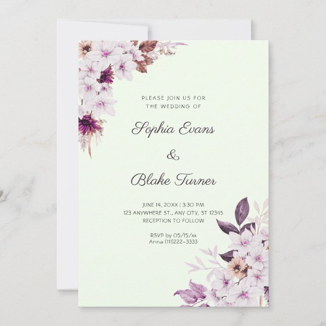 Rustikal-Weiß-Rosa-Blume Boho Light Green Wedding Einladung (Vorderseite)