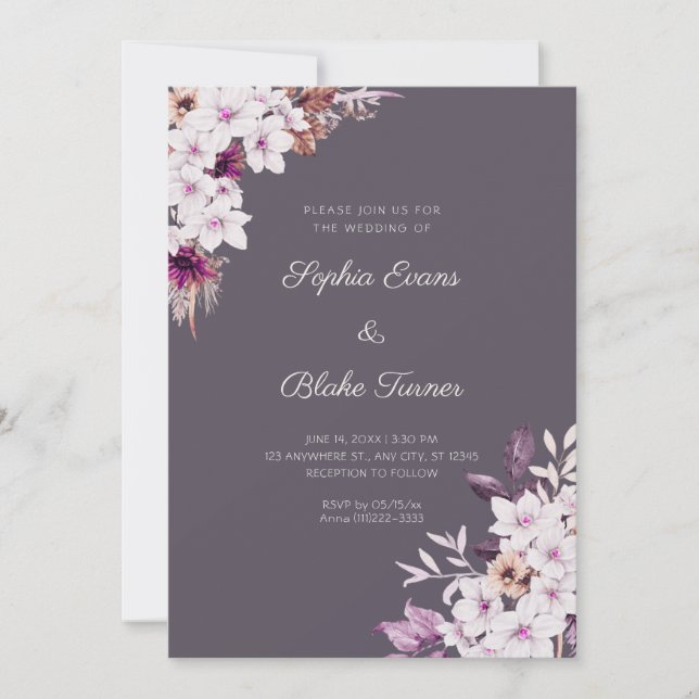 Rustikal-Weiß-Rosa-Blume Boho Smoke Gray Wedding Einladung (Vorderseite)