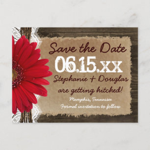 Rustikal Wood Red Daisy Save the Date Postkarten