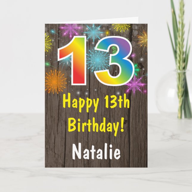 Rustikale 13. Geburtstag Farbenfrohe Regenbogenfeu Karte (Vorderseite)