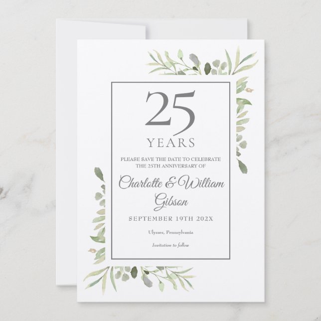 Rustikale 25. Silver Wedding Jubiläumsgrün Save The Date (Vorderseite)