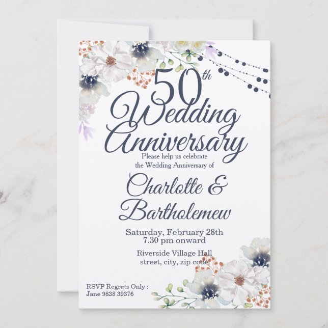 Rustikale 50. Hochzeitstag florale Kraft Einladung (Vorderseite)