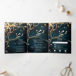 Rustikale Abend Tree Lights Dreifache Hochzeit Dreifach Gefaltete Einladung