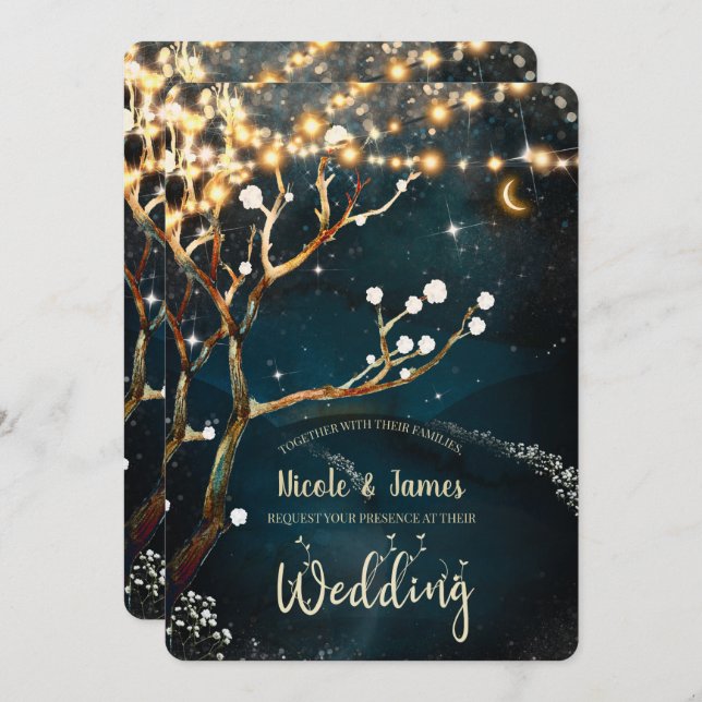 Rustikale Abend Tree Lights Starry Night Wedding Einladung (Vorne/Hinten)