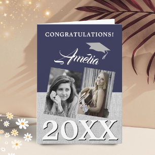 Rustikale Abschlusskarte in Navyblau mit 2 Fotos  Karte