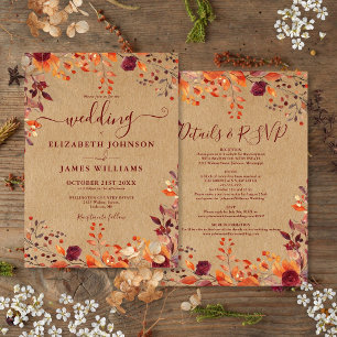 Rustikale All-in-One-Herbst-Blumen-Hochzeit Einladung
