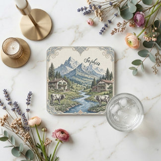 Rustikale alpine Schneelandschaft mit weidenden Kü Rechteckiger Pappuntersetzer