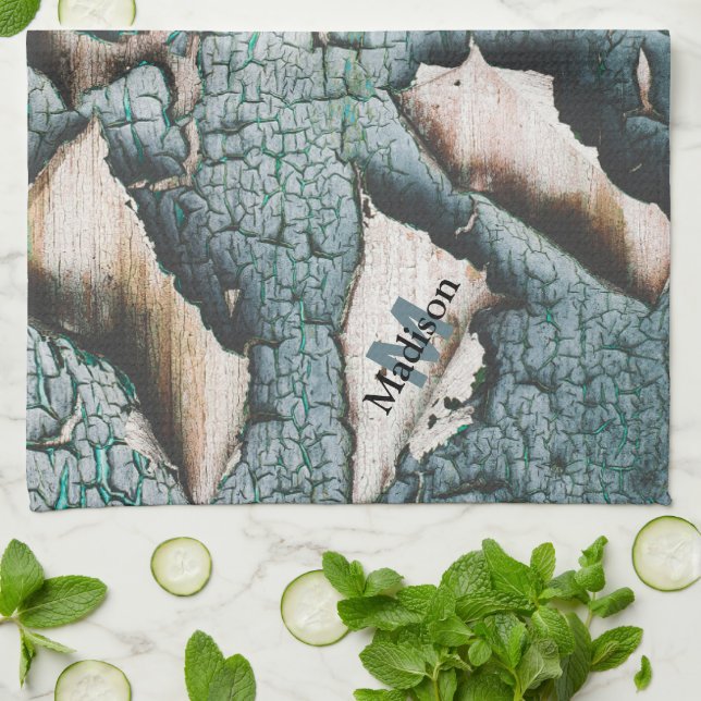 Rustikale alte blaugrüne Farbe Holz Custom Monogra Geschirrtuch (Gefaltet)