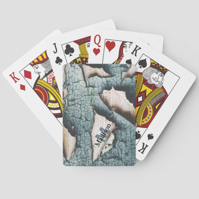 Rustikale alte blaugrüne Farbe Holz Custom Monogra Spielkarten (Rückseite)