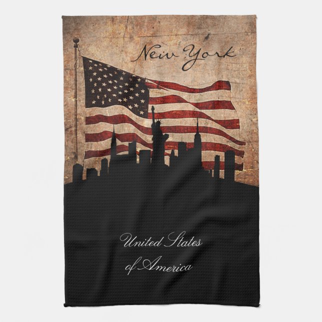 Rustikale amerikanische Flagge New York Skyline Küchentuch (Vertikal)