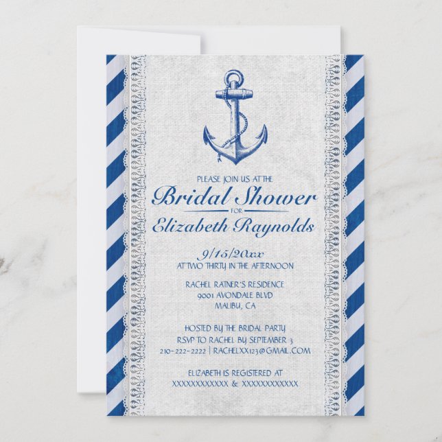 Rustikale Anchor Nautical Bridal Dusche Einladunge Einladung (Vorderseite)