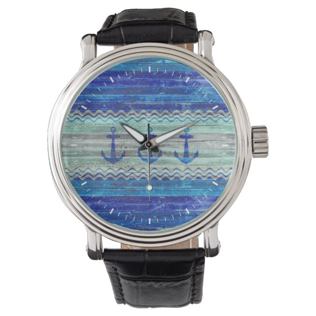 Rustikale Anker an der blauen Küste Armbanduhr (Vorderseite)