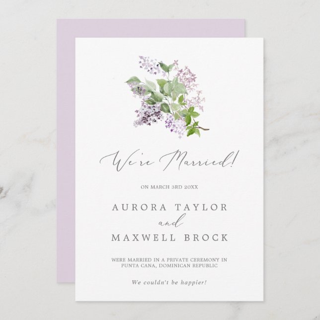 Rustikale Ankündigung von Lilac Elopement (Vorne/Hinten)