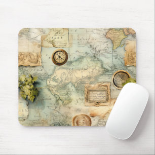Rustikale antike Uhren und Weltkarte Kartographie Mousepad
