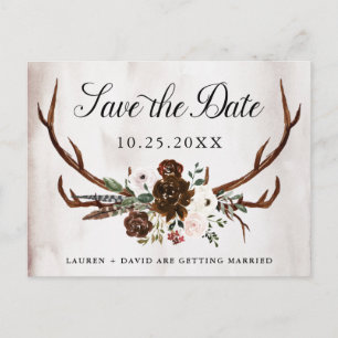 Rustikale Antler Burgund Pink Floral Save the Date Ankündigungspostkarte