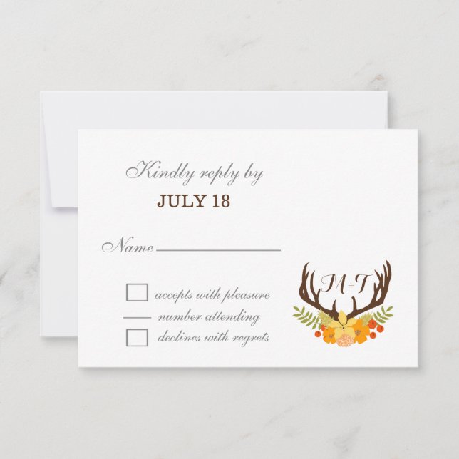 Rustikale Antler Deer Floral Woodland Hochzeit RSVP Karte (Vorderseite)