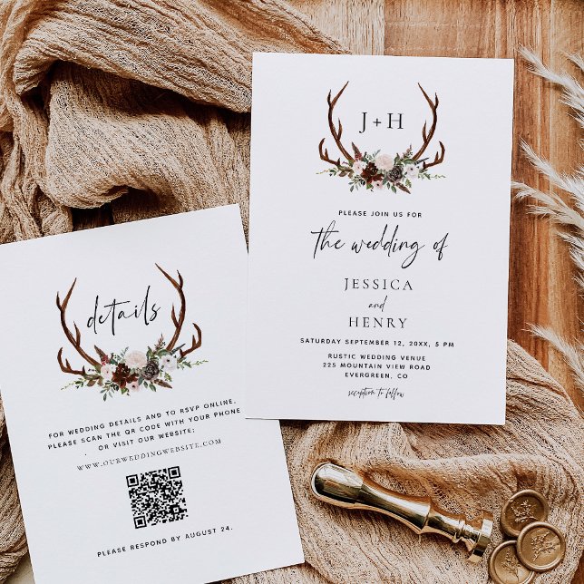 Rustikale Antler Floral Boho Hochzeit QR Code Einladung (Von Creator hochgeladen)