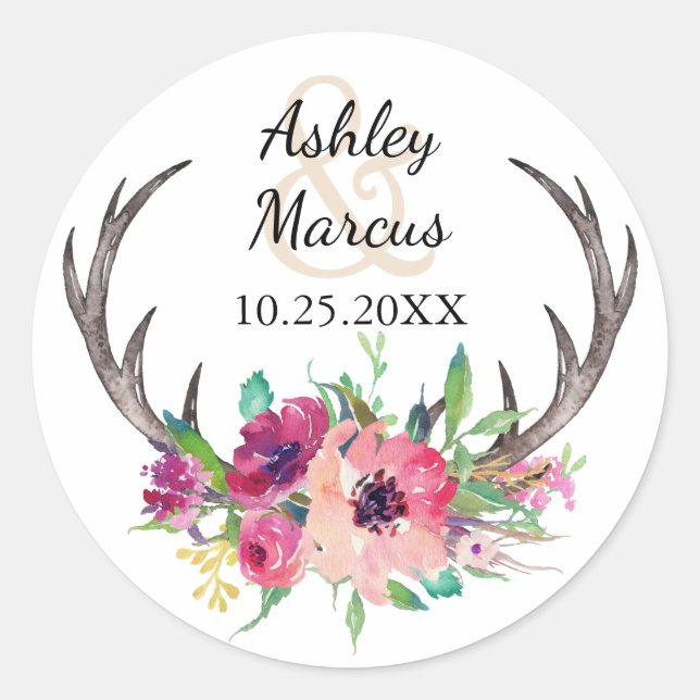 Rustikale Antlers Boho Floral Allure Wedding Runder Aufkleber (Vorderseite)