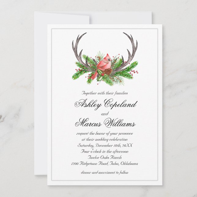 Rustikale Antlers Boho Woodland Winter Wedding Einladung (Vorderseite)