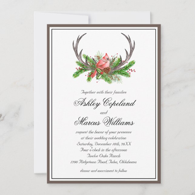Rustikale Antlers Boho Woodland Winter Wedding Einladung (Vorderseite)