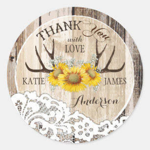 Rustikale Antlers Lace Sunflowers Boho Wedding Runder Aufkleber