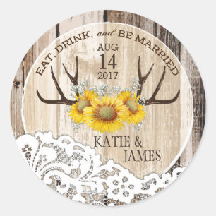 Rustikale Antlers Sonnenblumen Country Wedding Runder Aufkleber
