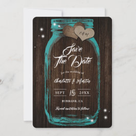 Rustikale Aquamarin Mason Jar Wood Hochzeit im Her Save The Date