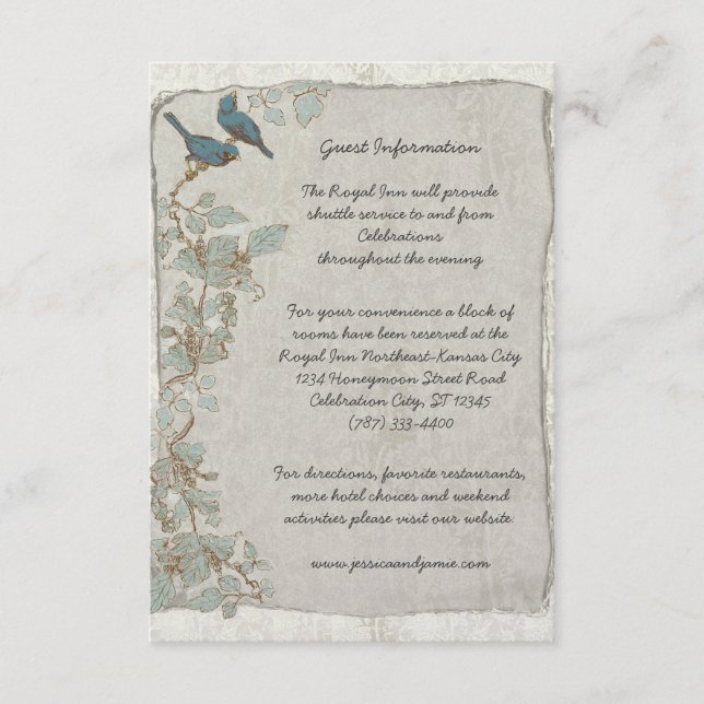 Rustikale Aquamarine Birds Damask Hochzeitsausweis Begleitkarte (Vorderseite)